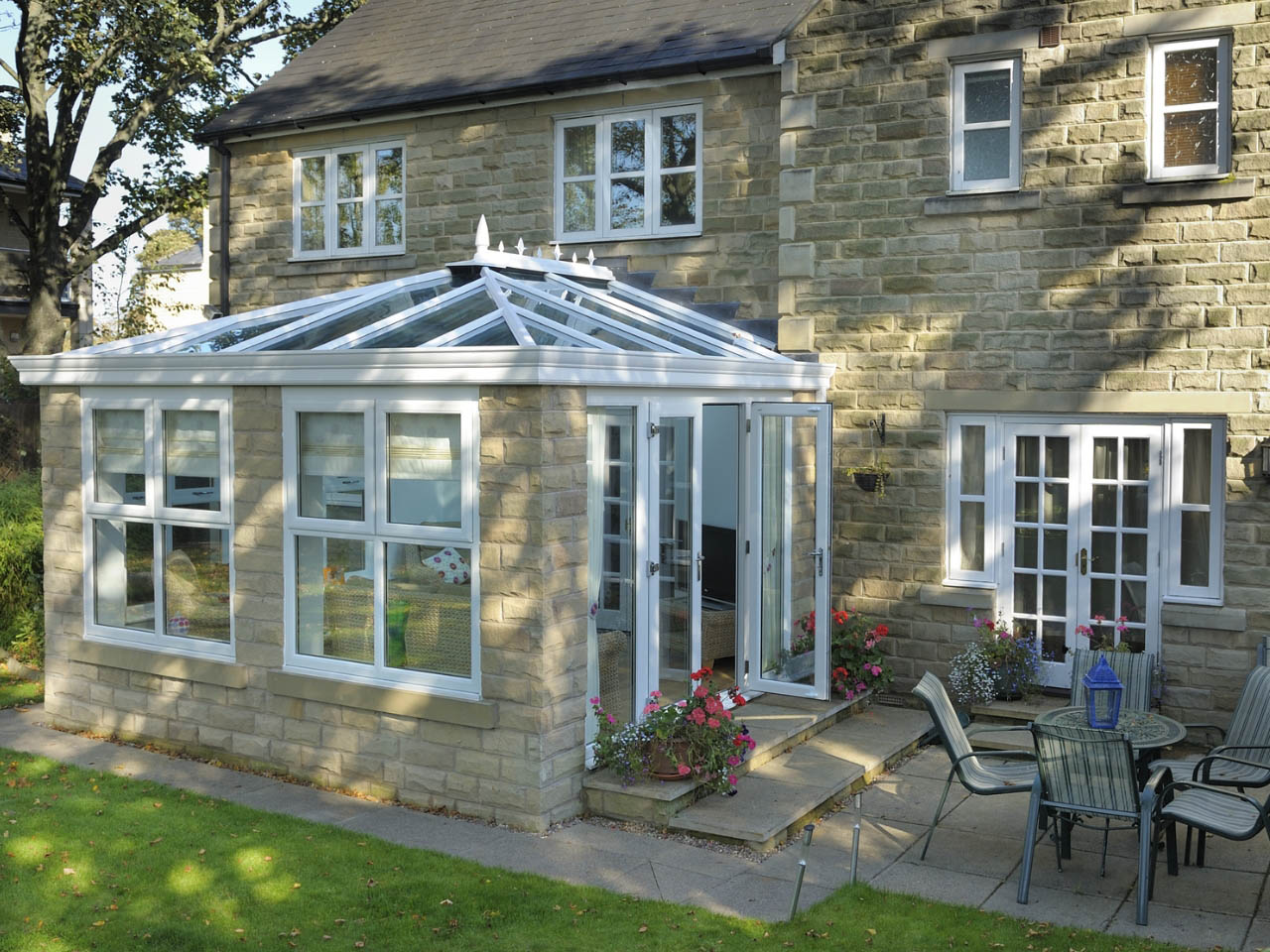 orangery with a white roof